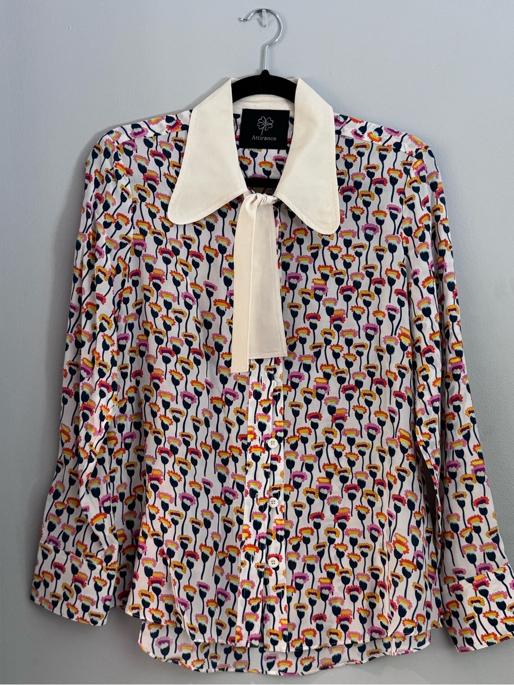 Cream Collar Floral Print Tie-Neck Blouse